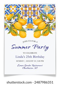 Summer Party Invitation with Lemon Branches. Mediterranean, Portuguese, Italian Blue and Yellow Ceramic Tiles. Talavera Citrus Birthday postcard. Amalfi coast party decoration. Vector illustration.