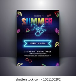 Summer party invitation poster design with neon effect on brick wall background.
