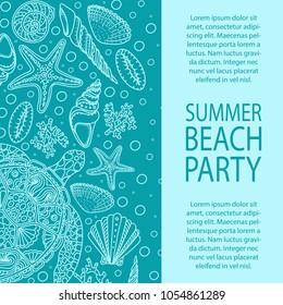 Summer party invitation. Seashells, sea stars, corals and bubbles background. Marine illustration with starfishes, shells, mollusk, clam icon collection