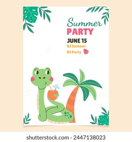 Summer party invitation snake character drinking cocktail