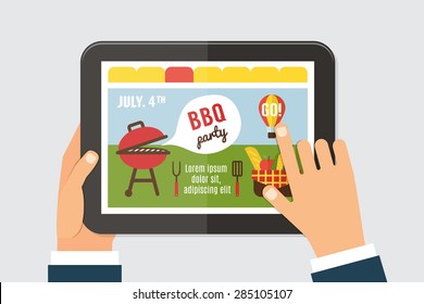 Summer Party Invitation Template, BBQ Picnic. Web Site On Tab Screen With Hands Holding. 4th Of July. Vector Illustration.