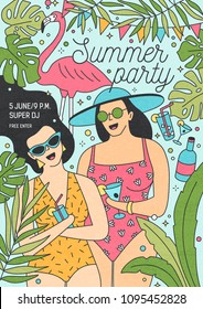 Summer party invitation template with happy women in swimsuits and sunglasses drinking exotic cocktails and laughing. Vector illustration for seasonal open air event advertisement, announcement