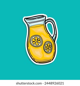 Summer Party Invitation template With Lemonade. Hand Drawn lemons kettle, lemon juice sticker style vector illustration design isolated in a tosca background
