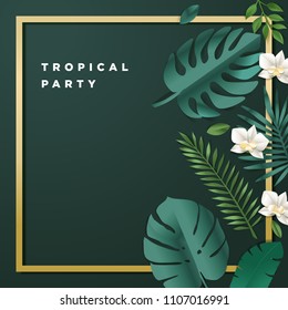 Summer party invitation. Vector illustration for background, mobile and social media banner, summertime card, poster. Lettering summer concept with natural elements.