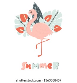 Summer party invitation. Vector illustration of heart made from summer elements: palm leaves, tropical flowers and flamingo. Summertime poster.