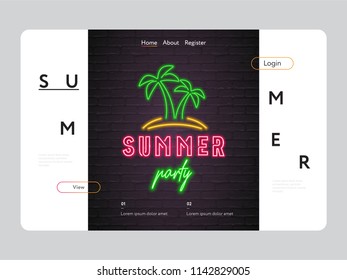 Summer Party Landing Page Web Design Neon Light Glowing Vector Illustration