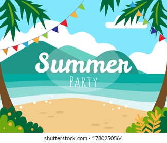 Summer party. Landscape with sea, beach, palms and flags. 