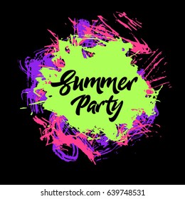 Summer Party lettering on the neon background. Flyer, Print,Banner or Poster. Vector illustration.