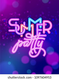 Summer party lettering on ultraviolet neon glow background. Neon sign. Vector template for night club poster, flyers, invitations. Vector illustration. EPS10.