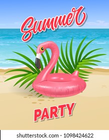 Summer party lettering with sea beach and swimming ring in shape of flamingo. Summer offer or sale advertising design. Handwritten and typed text, calligraphy. For brochure, poster or banner.