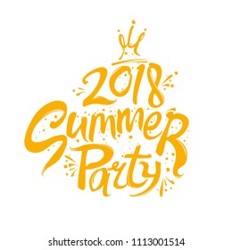 Summer Party Logo. 2018. Template for the seasonal themed party. Handwritten font and crown vector yellow pattern.