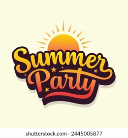 Summer Party logo. Summer Retro style hand lettering with vector sun illustration. Summer label, logo, hand drawn tag for summer holiday, travel, beach vacation.