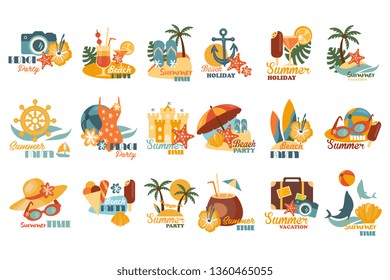 Summer party logo template set, beach holiday, summer vacation vector Illustrations on a white background