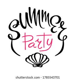Logo der Sommerparty. handgezeichneter Vektorgrafik-Text einzeln auf weißem Hintergrund. Lettersymbol.