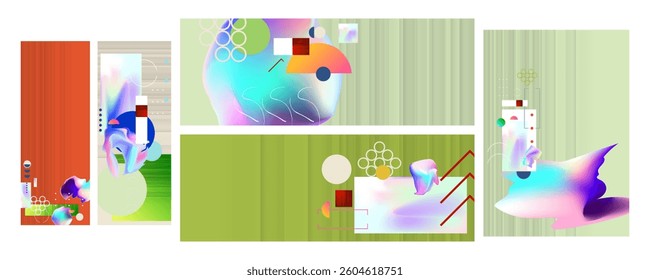Summer Party Mixed media collage Set geometric color postcards in collage style with fluid foil of different shapes