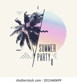 Fiesta de verano, afiche moderno con palmera y gráfico geométrico. Ilustración vectorial.