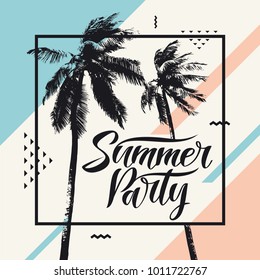 Summer party, Modern poster with palm tree and geometric graphic. Vector illustration.