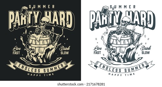 Summer party monochrome poster vintage skeleton in barrel beer metaphor for hard rave with alcohol or bachelor party vector illustration