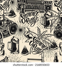 Summer Party Monochrome Seamless Pattern Vintage Music And Booze On Beach Rave At Seaside Resort With Palm Trees Vector Illustration