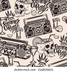 Summer Party Monochrome Vintage Seamless Pattern Alcoholic Drinks With Skulls And Tape Recorders For Cuban-style Beach Hangout Vector Illustration