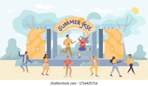 Summer party, music fest, open air live performance. Dancing people crowd in park. Man woman pop singers performing on stage. Diverse characters listening to song enjoy concert, walking drink coffee