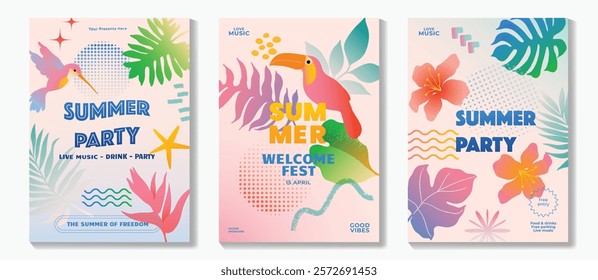 Summer party music poster background vector set. Electro Sound Cover with vibrant color, hornbill, sea wave, tropical plant, sun, flower, bird. Summer Design for social media, party, music festival.