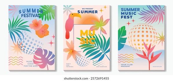 Summer party music poster background vector set. Electro Sound Cover with vibrant color, hornbill, sea wave, tropical plant, sun, coconut tree. Summer Design for social media, party, music festival.