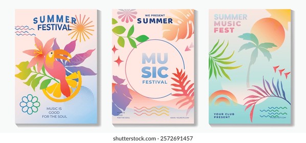 Summer party music poster background vector set. Electro Sound Cover with vibrant color, hornbill, sea wave, tropical plant, sun, coconut tree. Summer Design for social media, party, music festival.