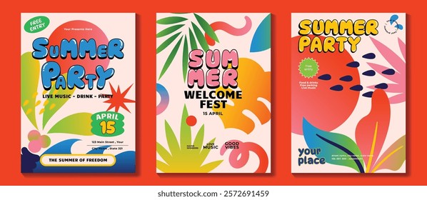 Summer party music poster background vector set. Electro Sound Cover template with vibrant organic shapes, colorful, sea wave, tropical leaf. Hot summer design for social media, party, music festival.