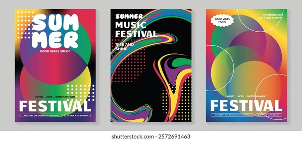 Summer party music poster background vector set. Electro Sound Cover template with vibrant circle shapes, spiral colorful, dot pattern. Hot summer design for social media, party, music festival.