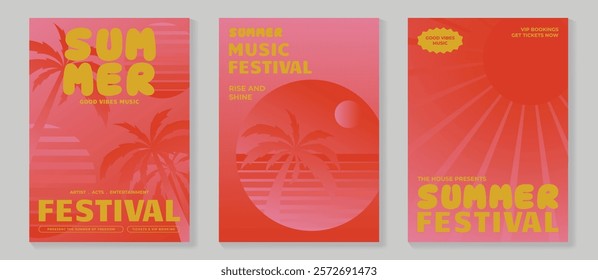 Summer party music poster background vector set. Electro Sound Cover template with coconut tree, red color, line wave, beach, sunset. Hot summer design for social media, party, music festival.