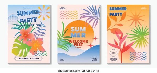 Summer party music poster background vector set. Electro Sound Cover with vibrant color, colorful, sea wave, tropical plant, sun, firework. Hot summer Design for social media, party, music festival.