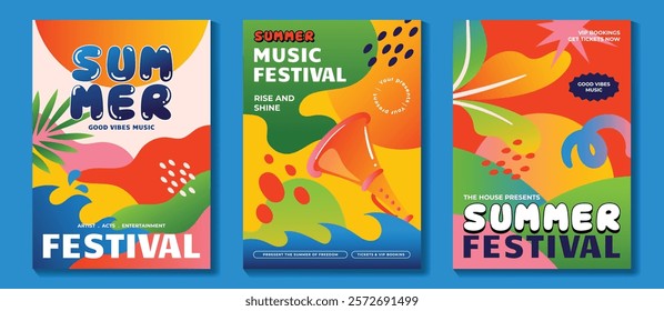 Summer party music poster background vector set. Electro Sound Cover template with vibrant organic shapes, colorful, sea wave, tropical leaf, trumpet. Design for social media, party, music festival.