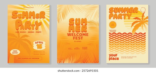 Summer party music poster background vector set. Electro Sound Cover template with coconut tree, orange color, line wave, beach, sunset. Hot summer design for social media, party, music festival.