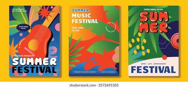 Summer party music poster background vector set. Electro Sound Cover with vibrant organic shapes, colorful, sea wave, tropical leaf, guitar, music disk. Design for social media, party, music festival.