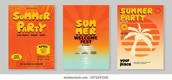 Summer party music poster background vector set. Electro Sound Cover template with coconut tree, orange color, line wave, beach, sunset. Hot summer design for social media, party, music festival.