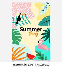 summer party nature background with toucan and flamingo bird,tropical jungle leaf summer banner, cover, templates, posters