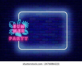 Summer party neon advertising. Tropical event. Exotic foliage. Holiday promotion. Empty white frame and typography. Event celebration. Copy space. Editable stroke. Vector stock illustration