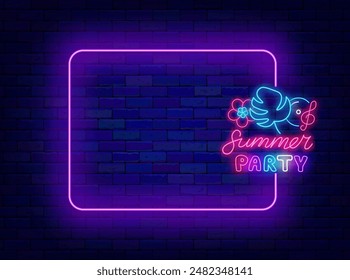 Summer party neon announcement. Shiny holiday promotion. Empty purple frame and typography with tropical leaves. Season celebration. Editable stroke. Copy space. Vector stock illustration