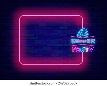 Summer party neon announcement. Tropical event. Exotic monstera leaf. Holiday promotion. Empty pink frame and typography. Event celebration. Copy space. Editable stroke. Vector stock illustration
