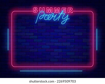 Summer party neon frame. Season event. Night club shiny advertising. Pink vintage border with lines on brick wall. Minimal announcement. Copy space. Bright promotion. Vector stock illustration