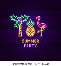 Summer Party Neon Label. Vector Illustration of Vacation Promotion.