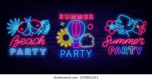 Summer party neon labels collection. Light advertising template. Hot air balloon, sun and clouds. Exotic leaves and butterfly. Season celebration banner. Event greeting card. Vector stock illustration
