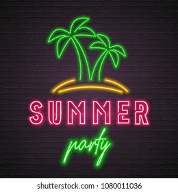 Summer Party Neon Light Glowing Vector Illustration Palm Tree Silhouette 