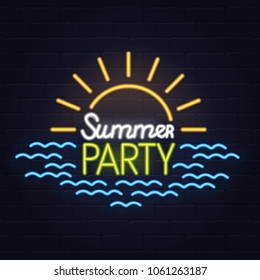 Summer Party neon sign. Summer party logo, emblem. Summer beach party neon poster. Light banner. Vector illustration.