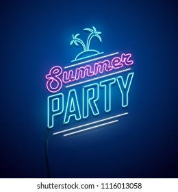 Summer party neon sign. Vector illustration.  