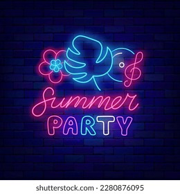 Summer party neon signboard. Shiny advertising template. Tropical leaf, flower and music. Season event banner. Dance show greeting card. Light promotion. Vector stock illustration