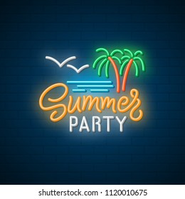 Summer party neon signboard. Vector illustration.