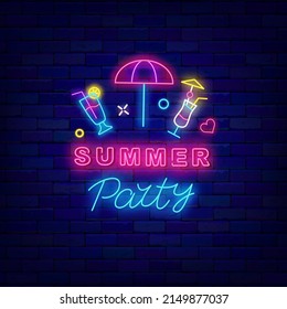 Summer party neon template with season icons. Season vacation concept. Umbrella and cocktail drink. Holiday design. Night bright signboard. Editable stroke. Vector stock illustration