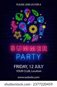 Summer party neon vertical poster. Shell, hot air balloon and ice cream. Event advertising template. Circle layout with season icons. Holiday greeting card. Glowing banner. Vector stock illustration